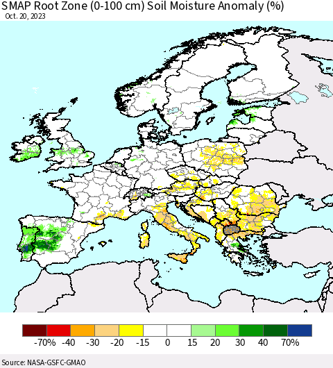 Europe SMAP Root Zone (0-100 cm) Soil Moisture Anomaly (%) Thematic Map For 10/16/2023 - 10/20/2023