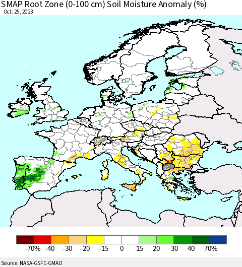 Europe SMAP Root Zone (0-100 cm) Soil Moisture Anomaly (%) Thematic Map For 10/21/2023 - 10/25/2023