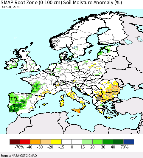 Europe SMAP Root Zone (0-100 cm) Soil Moisture Anomaly (%) Thematic Map For 10/26/2023 - 10/31/2023