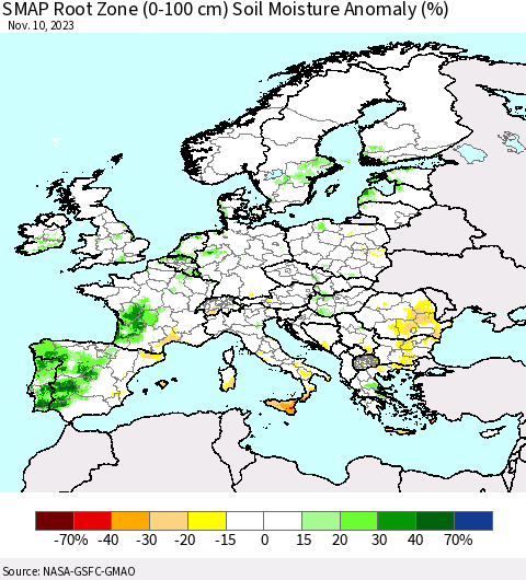 Europe SMAP Root Zone (0-100 cm) Soil Moisture Anomaly (%) Thematic Map For 11/6/2023 - 11/10/2023