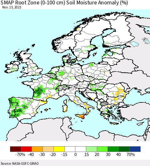 Europe SMAP Root Zone (0-100 cm) Soil Moisture Anomaly (%) Thematic Map For 11/11/2023 - 11/15/2023