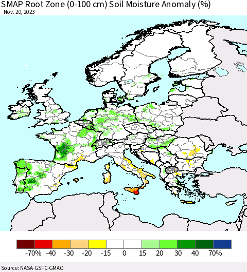 Europe SMAP Root Zone (0-100 cm) Soil Moisture Anomaly (%) Thematic Map For 11/16/2023 - 11/20/2023