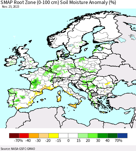 Europe SMAP Root Zone (0-100 cm) Soil Moisture Anomaly (%) Thematic Map For 11/21/2023 - 11/25/2023