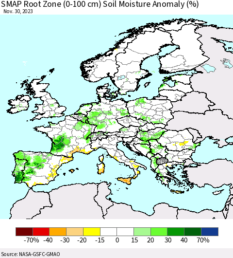 Europe SMAP Root Zone (0-100 cm) Soil Moisture Anomaly (%) Thematic Map For 11/26/2023 - 11/30/2023