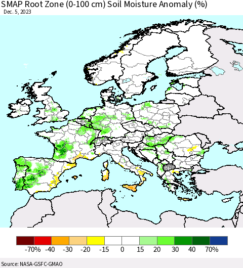 Europe SMAP Root Zone (0-100 cm) Soil Moisture Anomaly (%) Thematic Map For 12/1/2023 - 12/5/2023