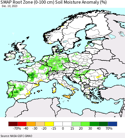 Europe SMAP Root Zone (0-100 cm) Soil Moisture Anomaly (%) Thematic Map For 12/6/2023 - 12/10/2023
