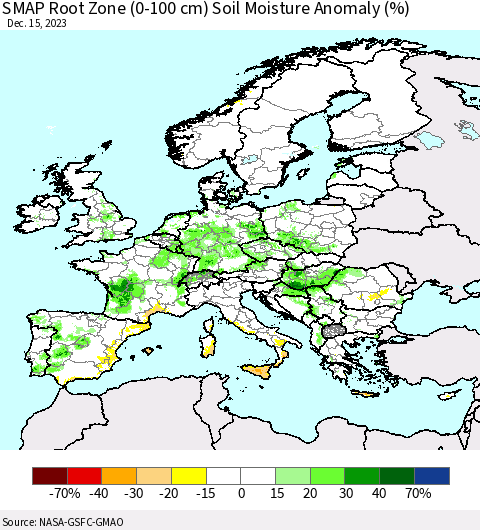 Europe SMAP Root Zone (0-100 cm) Soil Moisture Anomaly (%) Thematic Map For 12/11/2023 - 12/15/2023