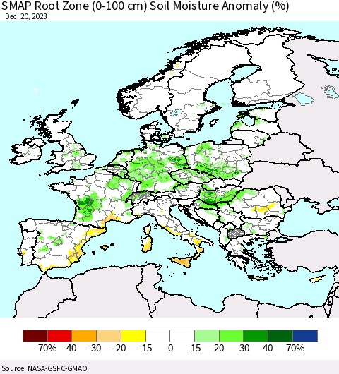 Europe SMAP Root Zone (0-100 cm) Soil Moisture Anomaly (%) Thematic Map For 12/16/2023 - 12/20/2023