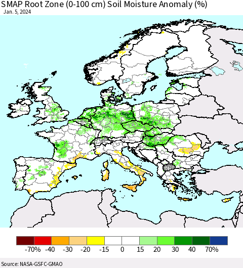 Europe SMAP Root Zone (0-100 cm) Soil Moisture Anomaly (%) Thematic Map For 1/1/2024 - 1/5/2024