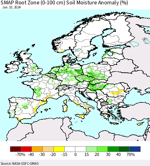 Europe SMAP Root Zone (0-100 cm) Soil Moisture Anomaly (%) Thematic Map For 1/6/2024 - 1/10/2024