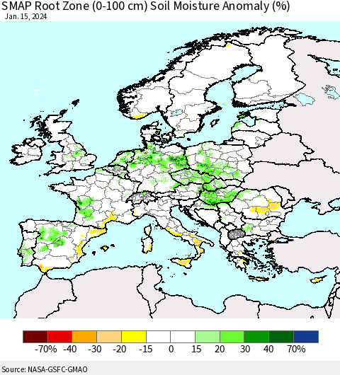 Europe SMAP Root Zone (0-100 cm) Soil Moisture Anomaly (%) Thematic Map For 1/11/2024 - 1/15/2024