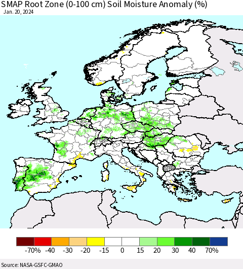 Europe SMAP Root Zone (0-100 cm) Soil Moisture Anomaly (%) Thematic Map For 1/16/2024 - 1/20/2024
