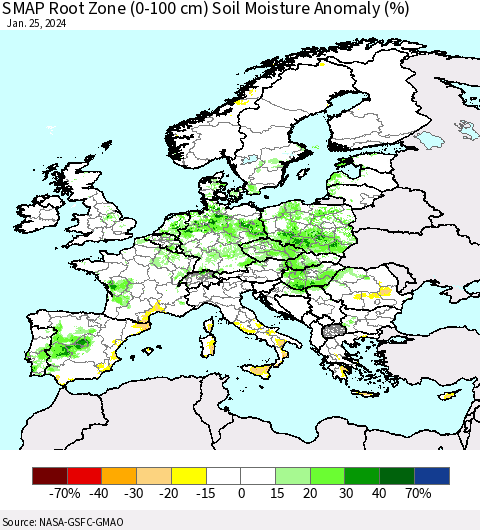 Europe SMAP Root Zone (0-100 cm) Soil Moisture Anomaly (%) Thematic Map For 1/21/2024 - 1/25/2024