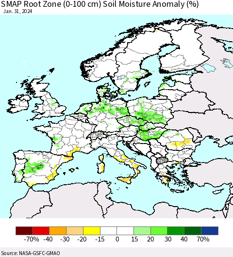 Europe SMAP Root Zone (0-100 cm) Soil Moisture Anomaly (%) Thematic Map For 1/26/2024 - 1/31/2024