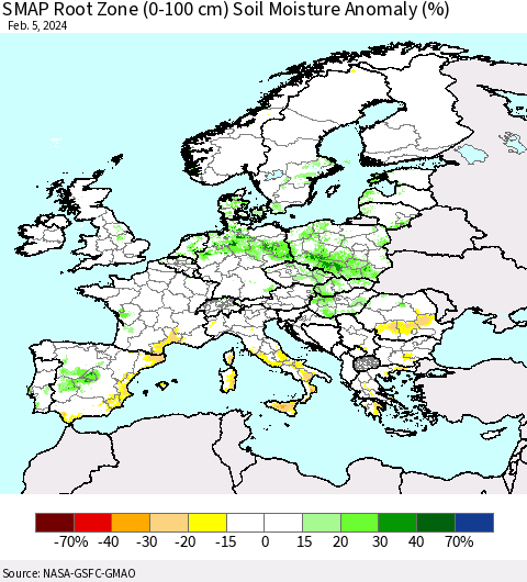 Europe SMAP Root Zone (0-100 cm) Soil Moisture Anomaly (%) Thematic Map For 2/1/2024 - 2/5/2024