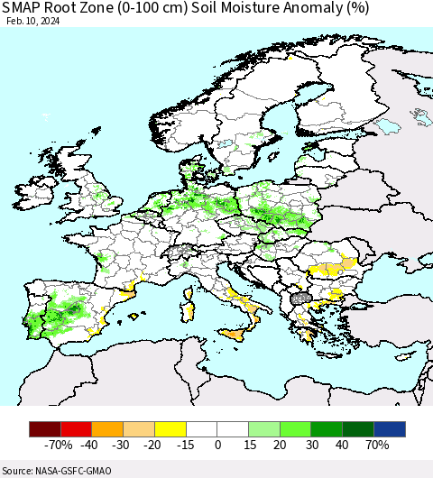 Europe SMAP Root Zone (0-100 cm) Soil Moisture Anomaly (%) Thematic Map For 2/6/2024 - 2/10/2024