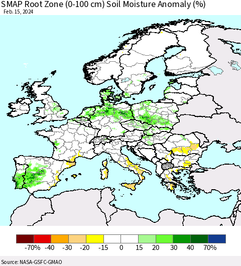 Europe SMAP Root Zone (0-100 cm) Soil Moisture Anomaly (%) Thematic Map For 2/11/2024 - 2/15/2024