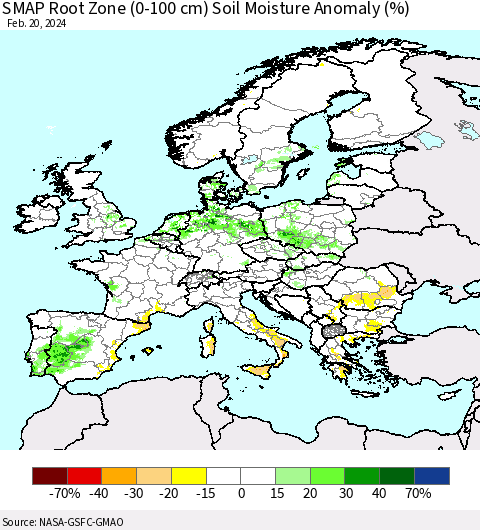 Europe SMAP Root Zone (0-100 cm) Soil Moisture Anomaly (%) Thematic Map For 2/16/2024 - 2/20/2024