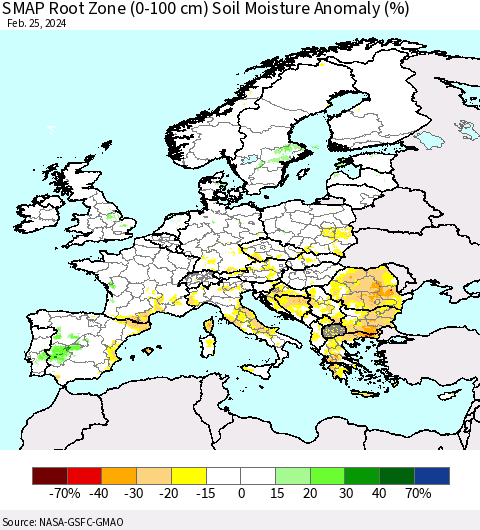 Europe SMAP Root Zone (0-100 cm) Soil Moisture Anomaly (%) Thematic Map For 2/21/2024 - 2/25/2024