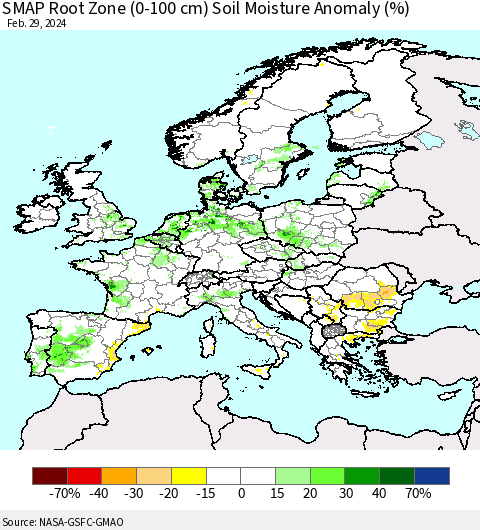 Europe SMAP Root Zone (0-100 cm) Soil Moisture Anomaly (%) Thematic Map For 2/26/2024 - 2/29/2024