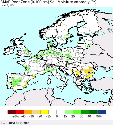 Europe SMAP Root Zone (0-100 cm) Soil Moisture Anomaly (%) Thematic Map For 3/1/2024 - 3/5/2024