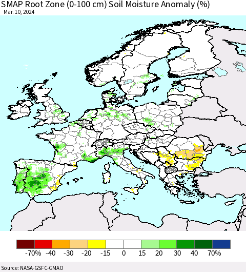 Europe SMAP Root Zone (0-100 cm) Soil Moisture Anomaly (%) Thematic Map For 3/6/2024 - 3/10/2024