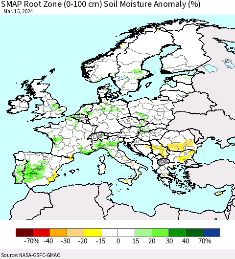 Europe SMAP Root Zone (0-100 cm) Soil Moisture Anomaly (%) Thematic Map For 3/11/2024 - 3/15/2024