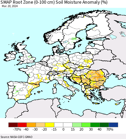 Europe SMAP Root Zone (0-100 cm) Soil Moisture Anomaly (%) Thematic Map For 3/16/2024 - 3/20/2024