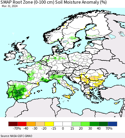 Europe SMAP Root Zone (0-100 cm) Soil Moisture Anomaly (%) Thematic Map For 3/26/2024 - 3/31/2024