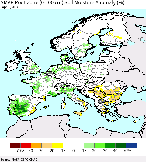 Europe SMAP Root Zone (0-100 cm) Soil Moisture Anomaly (%) Thematic Map For 4/1/2024 - 4/5/2024