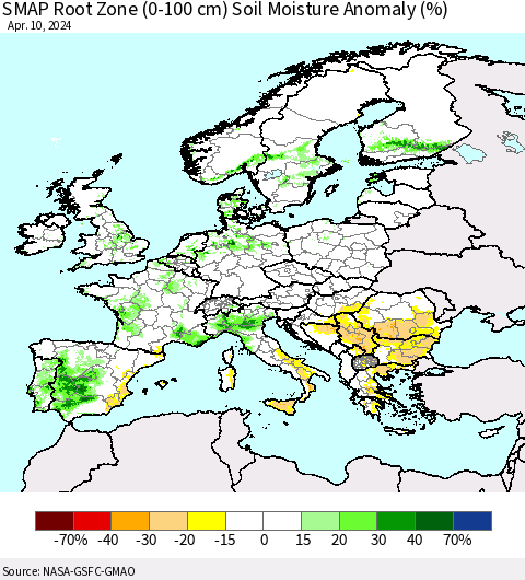 Europe SMAP Root Zone (0-100 cm) Soil Moisture Anomaly (%) Thematic Map For 4/6/2024 - 4/10/2024