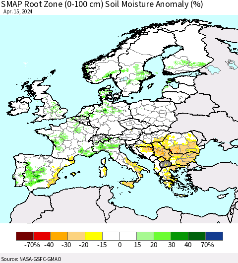 Europe SMAP Root Zone (0-100 cm) Soil Moisture Anomaly (%) Thematic Map For 4/11/2024 - 4/15/2024