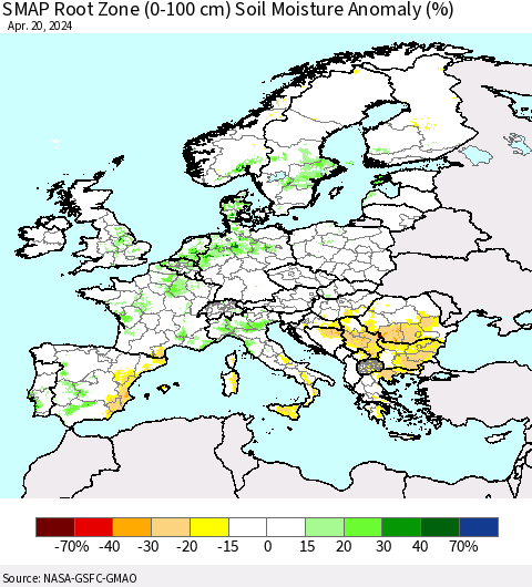 Europe SMAP Root Zone (0-100 cm) Soil Moisture Anomaly (%) Thematic Map For 4/16/2024 - 4/20/2024