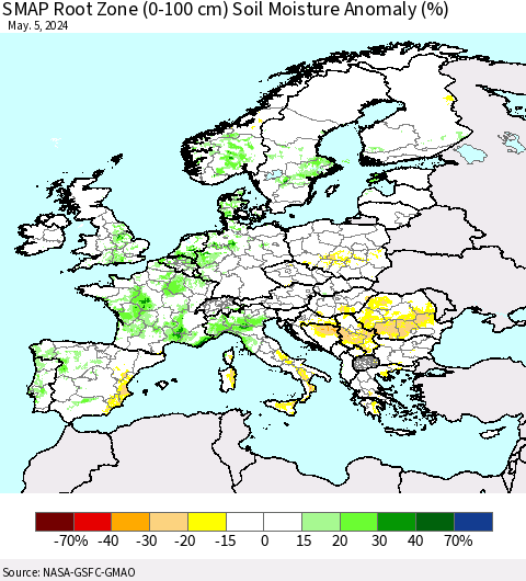Europe SMAP Root Zone (0-100 cm) Soil Moisture Anomaly (%) Thematic Map For 5/1/2024 - 5/5/2024