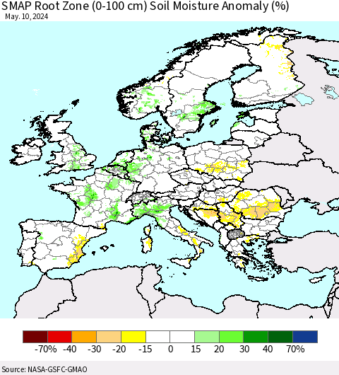 Europe SMAP Root Zone (0-100 cm) Soil Moisture Anomaly (%) Thematic Map For 5/6/2024 - 5/10/2024