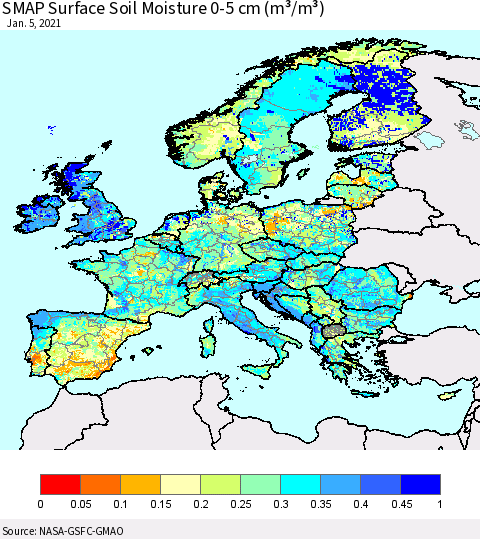 Europe SMAP Surface (0-5 cm) Soil Moisture (m³/m³) Thematic Map For 1/1/2021 - 1/5/2021