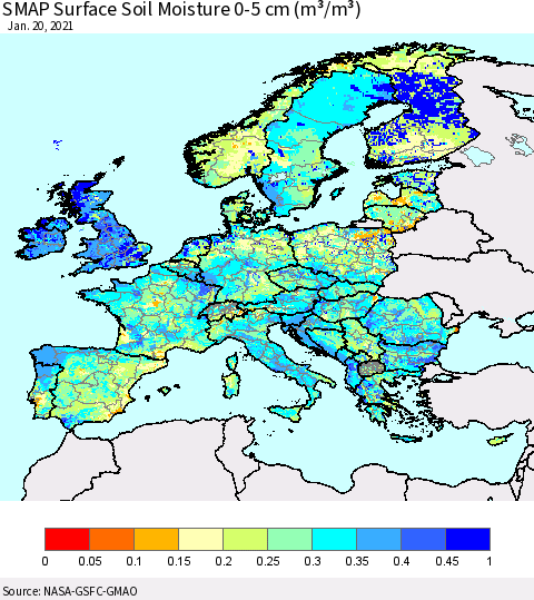 Europe SMAP Surface (0-5 cm) Soil Moisture (m³/m³) Thematic Map For 1/16/2021 - 1/20/2021