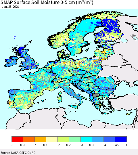 Europe SMAP Surface (0-5 cm) Soil Moisture (m³/m³) Thematic Map For 1/21/2021 - 1/25/2021