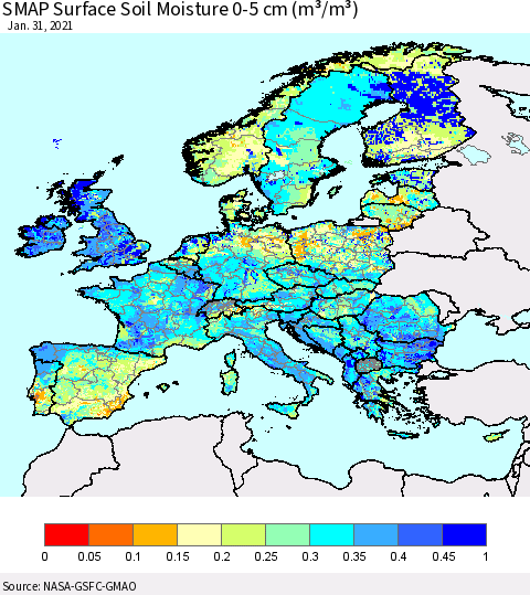 Europe SMAP Surface (0-5 cm) Soil Moisture (m³/m³) Thematic Map For 1/26/2021 - 1/31/2021
