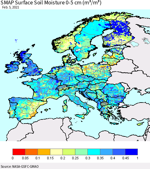 Europe SMAP Surface (0-5 cm) Soil Moisture (m³/m³) Thematic Map For 2/1/2021 - 2/5/2021