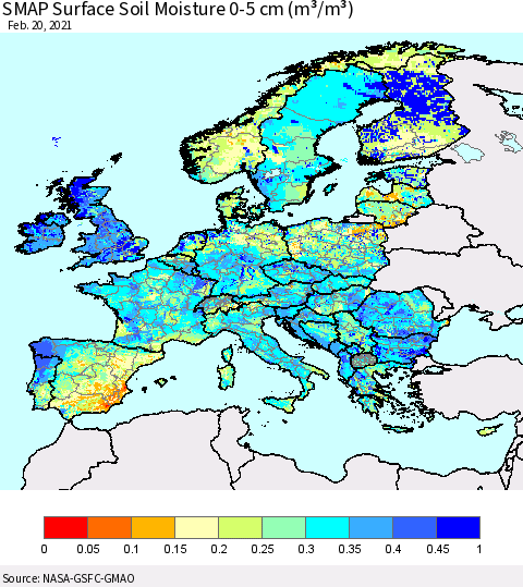 Europe SMAP Surface (0-5 cm) Soil Moisture (m³/m³) Thematic Map For 2/16/2021 - 2/20/2021