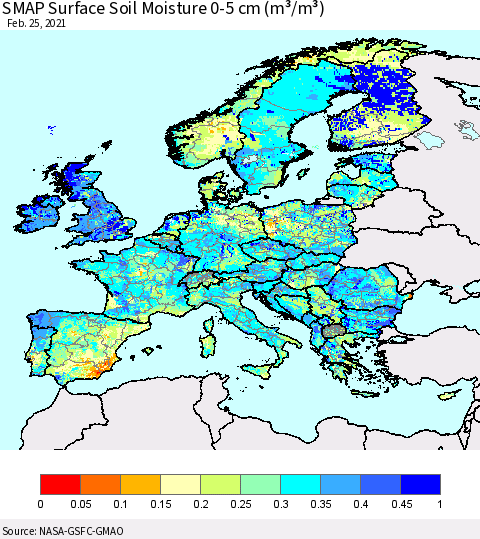 Europe SMAP Surface (0-5 cm) Soil Moisture (m³/m³) Thematic Map For 2/21/2021 - 2/25/2021
