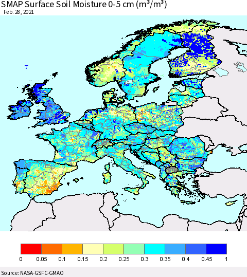 Europe SMAP Surface (0-5 cm) Soil Moisture (m³/m³) Thematic Map For 2/26/2021 - 2/28/2021