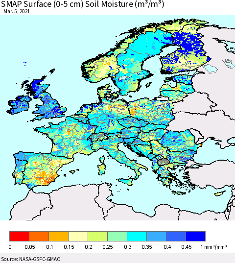 Europe SMAP Surface (0-5 cm) Soil Moisture (m³/m³) Thematic Map For 3/1/2021 - 3/5/2021