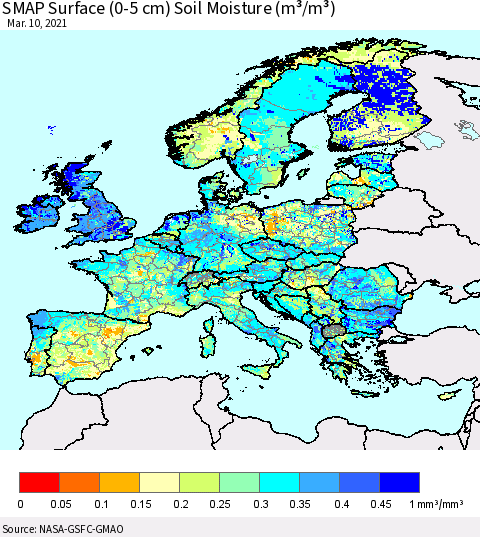 Europe SMAP Surface (0-5 cm) Soil Moisture (m³/m³) Thematic Map For 3/6/2021 - 3/10/2021