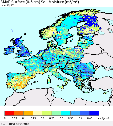 Europe SMAP Surface (0-5 cm) Soil Moisture (m³/m³) Thematic Map For 3/11/2021 - 3/15/2021