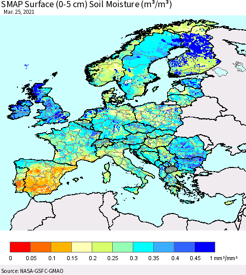 Europe SMAP Surface (0-5 cm) Soil Moisture (m³/m³) Thematic Map For 3/21/2021 - 3/25/2021