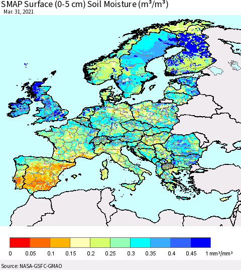 Europe SMAP Surface (0-5 cm) Soil Moisture (m³/m³) Thematic Map For 3/26/2021 - 3/31/2021