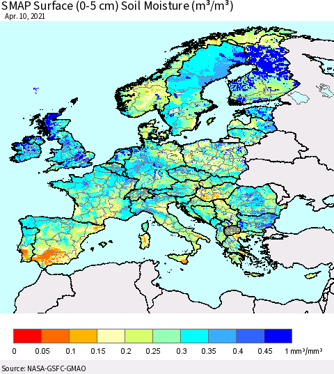 Europe SMAP Surface (0-5 cm) Soil Moisture (m³/m³) Thematic Map For 4/6/2021 - 4/10/2021