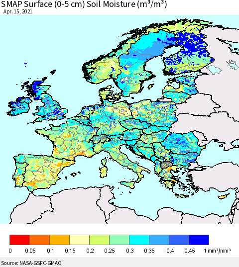 Europe SMAP Surface (0-5 cm) Soil Moisture (m³/m³) Thematic Map For 4/11/2021 - 4/15/2021